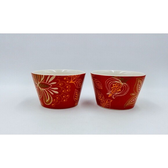 222 FIFTH Koson Spice Dark Porcelain Appetizer Bowls Set of 2 Red Floral Leaves - Picture 3 of 7